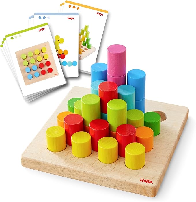 HABA Rainbow Risers Wooden Stacking Game: Montessori Toys for 2 Year Old & Up, Shape Sorter & Wooden Pegboard Preschool Learning Toys with Challenge Cards