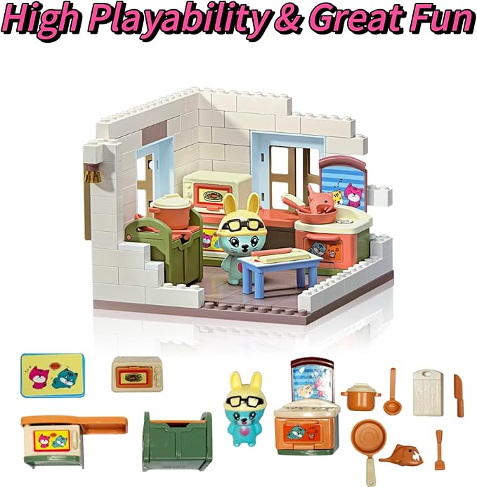 Koko's Cat Town DIY Miniature House Kit,Tiny House Kitchen Building Kit,Purrfect Dollhouse with 256PCS,Cat Toys Gift for Teens Kids Ages 3+ 3+,Dollhouse for 3 and up