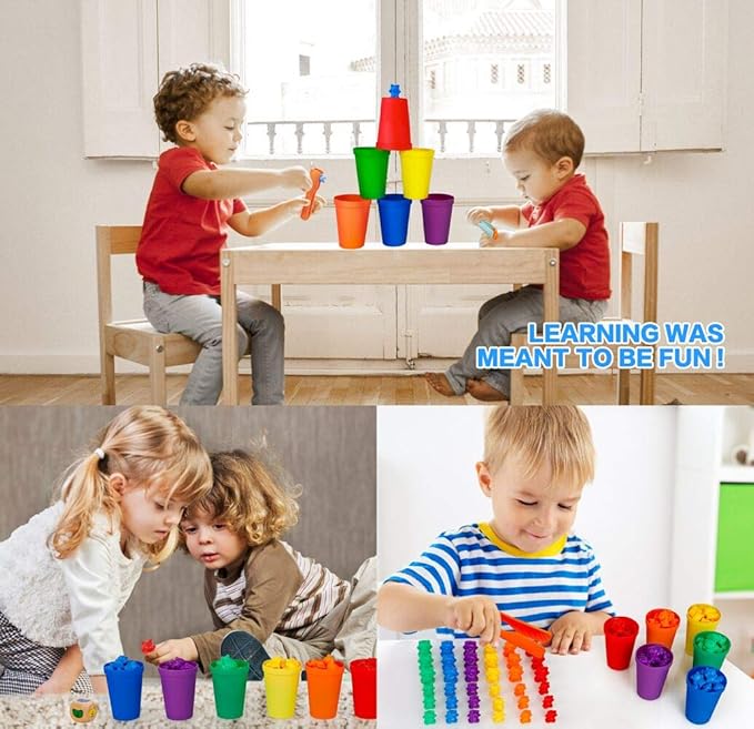 NEOROD Rainbow Counting Bears with Matching Sorting Cups, Number Color Recognition STEM Educational Toddler Preschool Math Manipulatives Toy Set of 90, 2 Tweezers, 2 Dices, 12 Cards, Container