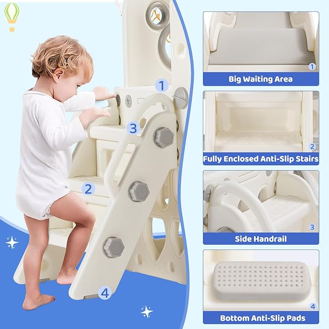 Arlopu 7 in 1 Toddler Slide and Swing Set, Kids Climber Playset with Ball & Hoop, Telescope, Suction Cup Reinforced Base, Baby Indoor Outdoor Playground (White)