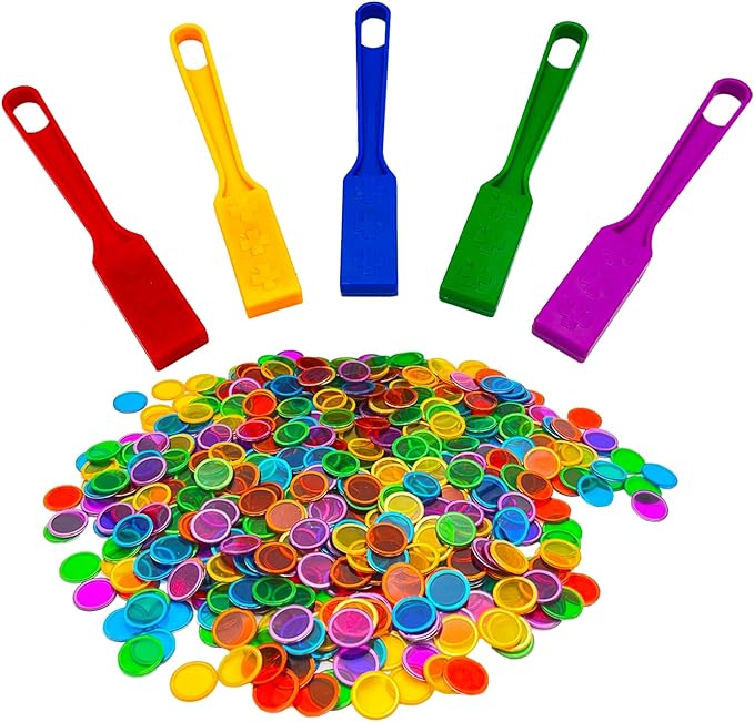 Magnetic Bingo Wand, 5-Pack & 500 Metal Chips, 5 Colors - Large Group Game, Family Night, Sensory Activity, Educational Science Tool