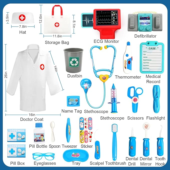 Doctor Kit for Toddlers 3-5 Fun Kids Doctor Play Set for 2 3 4 5 Year Old Girls Boys Dress Up Toys with Cart Costume and Stethoscope Dentist Vet Toddler Pretend Play Toys for Christmas Birthday Gifts