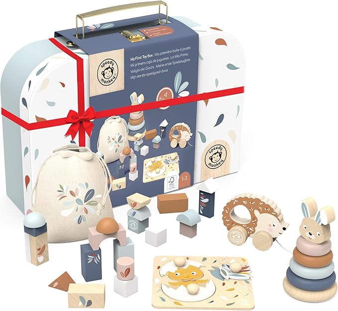 SPEEDY MONKEY My First Toy Box – Multicolor Wooden Nursery Toy Set for Kid, FSC Certified Play Box for Toddler, Includes Building Blocks, Stacking Rabbit, Chick Puzzle & Pull-Along Hedgehog