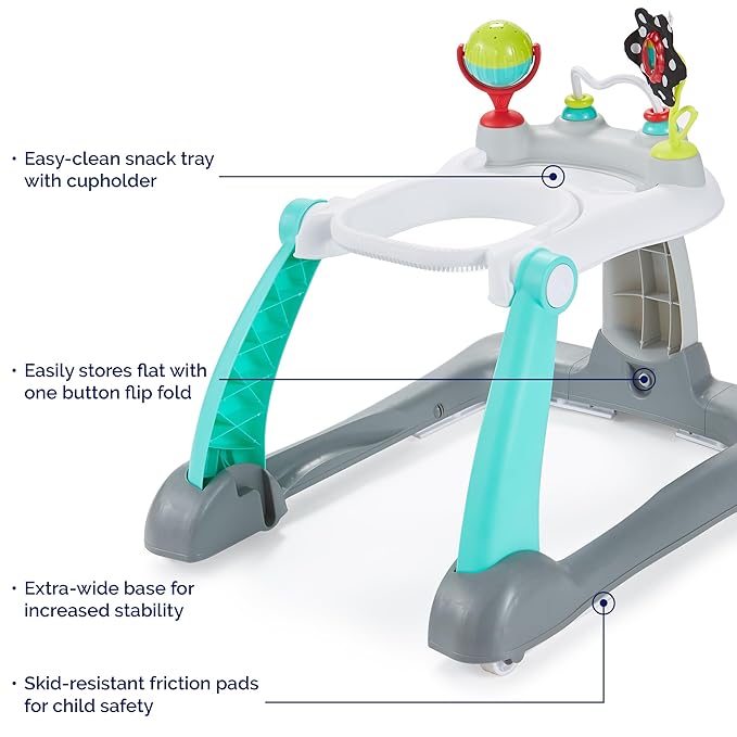 Kolcraft Tiny Steps 2 in 1 Foldable Infant and Baby Walker with Wheels, Seated or Walk Behind Activity Center, Entertaining Developmental Activities for Boys and Girls, Wide Base Sturdy Frame, Bubbles