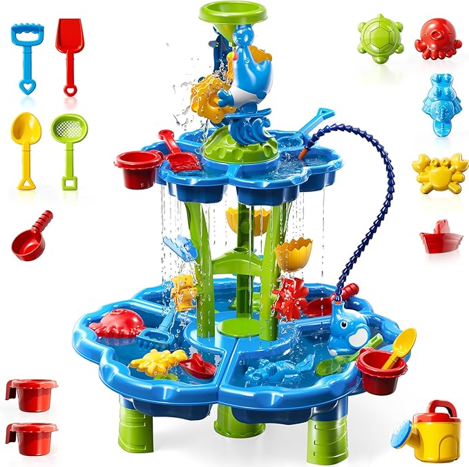 Water Table with Pump for Toddler Kids Ages 3-5 4-8, 2-Tier 3 in 1 Flower Shape Water Table, Kids Summer Outdoor Beach Pool Toys Water Play Sensory Table, Perfect Birthday Party Gifts for Boys Girls
