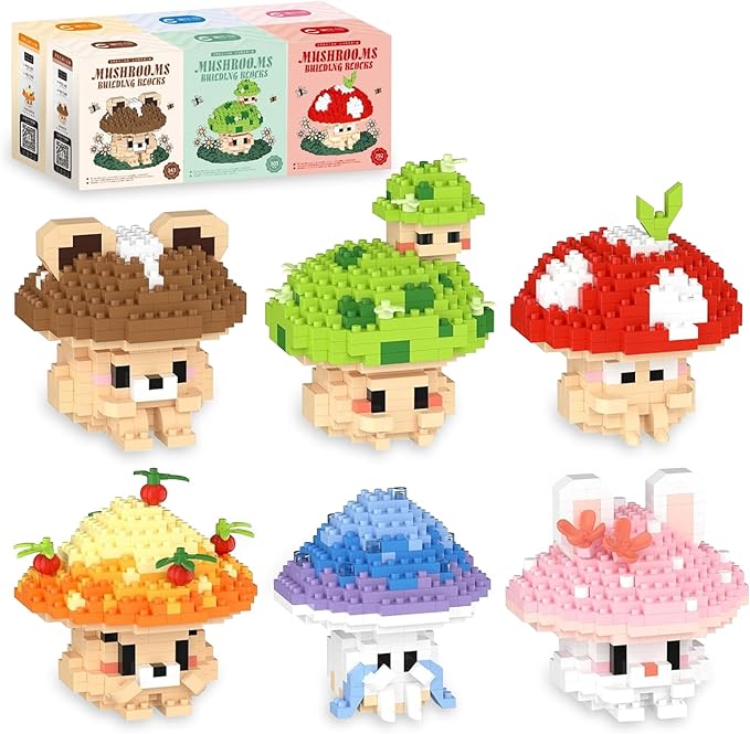 HIGH GODO 6 Set Mushroom Animals Micro Building Block Set, Creative Ideals Mushroom Animal Building Kit for Adults, Party Favors for Kids Boys Girls 12+ (1956PCS)
