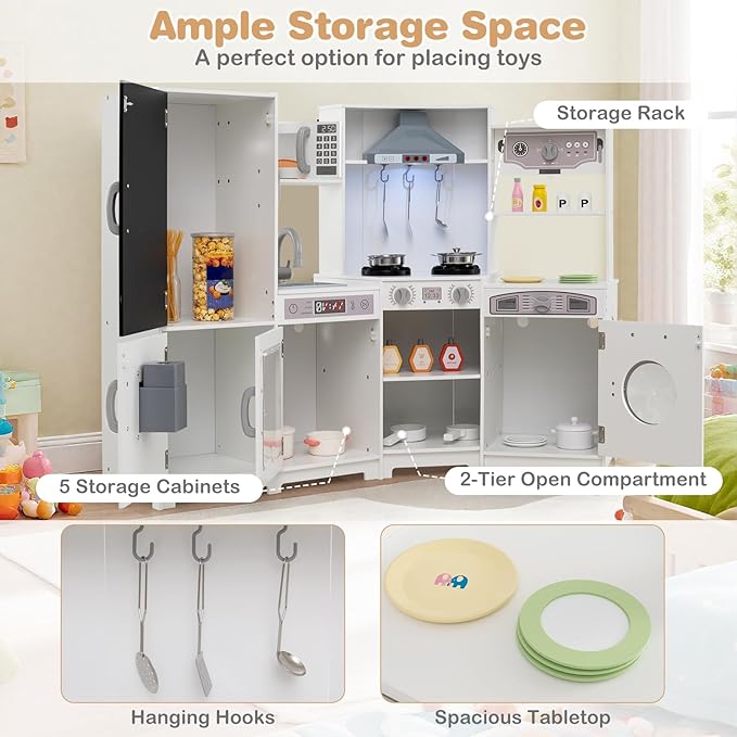 HONEY JOY Corner Play Kitchen, Large Wooden Pretend Toy Kitchen Set w/Lights, Ice & Coffee Maker, Range Hood, Chalkboard, Microwave, Cookware, Little Chef Kids Kitchen Playset for Toddlers (White)