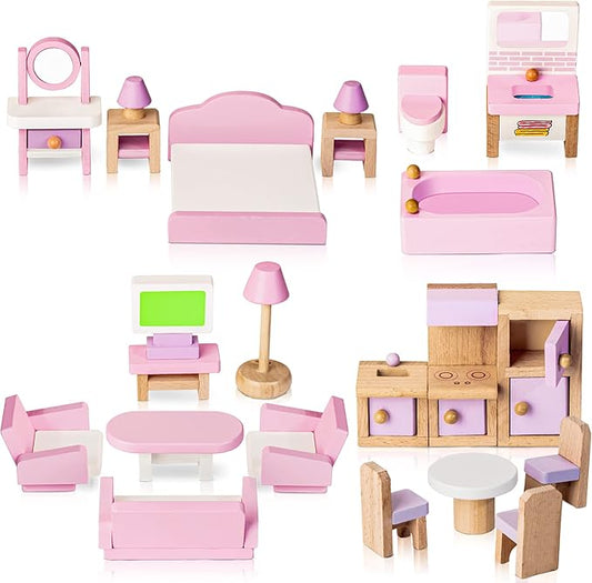 Wooden Dollhouse Furniture Set, 22 Pcs Miniature Dollhouse Accessories Including 5 Room Kits, Little People House Furniture, Doll House Furniture Toys Gift for Girls Boys Age 3+