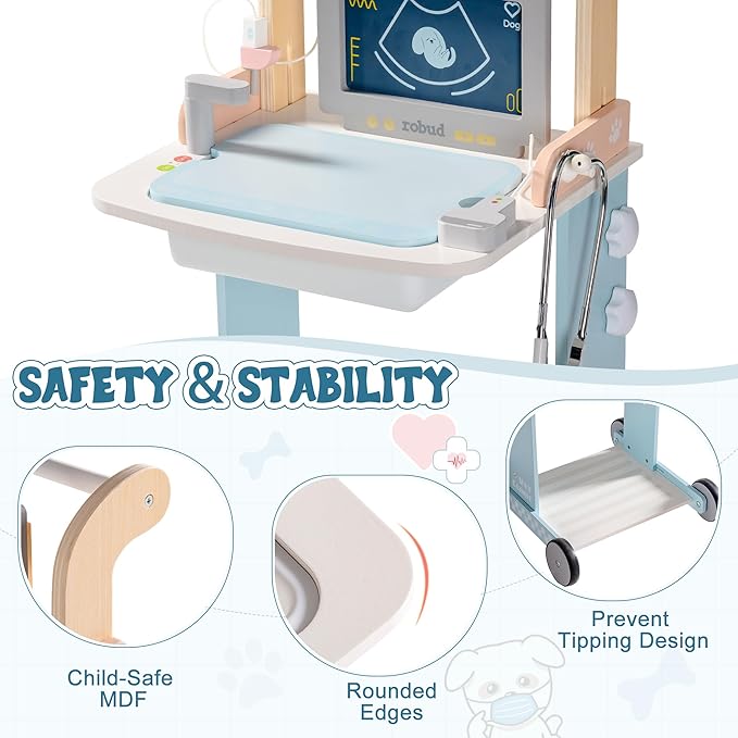 ROBUD Toddler Doctor Play Set, Complete Doctor Kit for Kids with Adjustable Height and Medical Tools, Wooden Pretend Play Pet Doctor Cart for Kids Aged 3+, Vet Kit for Imaginative Role Play Fun