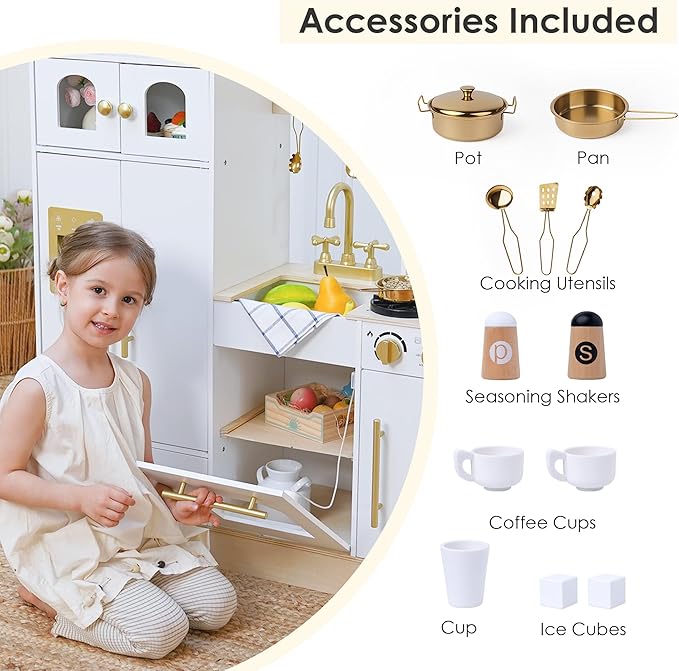 Wooden Play Kitchen Set - Realistic Pretend Play Kitchen with Stove, Sink, Coffee Maker & 11 Fun Accessories | Montessori Toy Kitchen for Toddlers Ages 3+