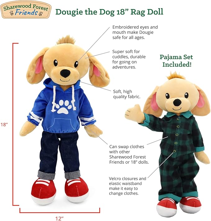 Plushible Soft Baby Doll, 18 Inch Dog - Plush Rag Doll with 2 Clothing Sets, My First Plush Toy for Girls, Boys & Infants, Soft Baby Stuffed Toy, Adorable Companion for 1 Year Old & Up