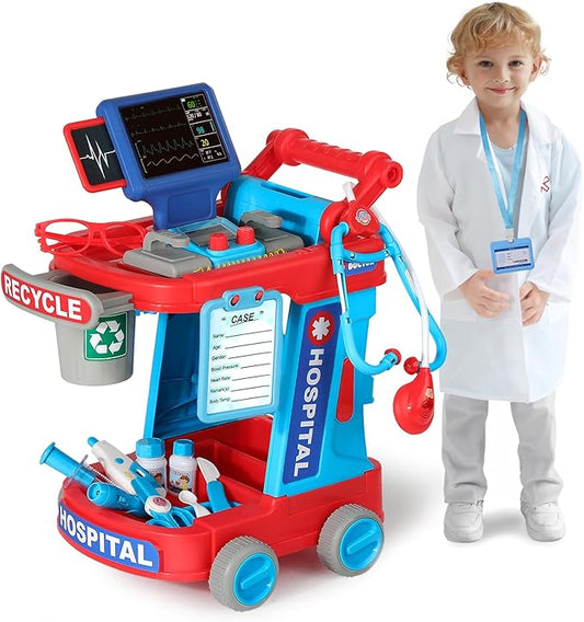 Doctor Kit for Toddlers 3 4 5, Kids Doctor Cart Toy with Costume & Stethoscope, Medical Pretend Role Play Set for Girls Boys Christmas Birthday Gift