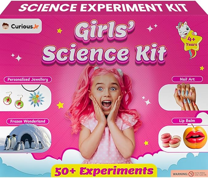 50+ Experiments Science Kit for Girls, Includes DIY Nail Art, Personalised Jewellery, Lip Balm, Frozen Wonderland | Birthday Gift for Girls, Educational Toy for Kids - Curious Junior