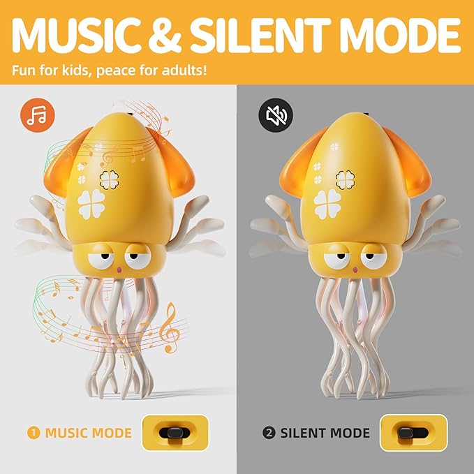 Electric Crawling Octopus Toy with LED Lights & Music, Smart Obstacle Avoidance, Interactive Auto-Dance Octopus for Gifts, Toddlers, Indoor Fun, Brings Endless Giggles (Yellow)