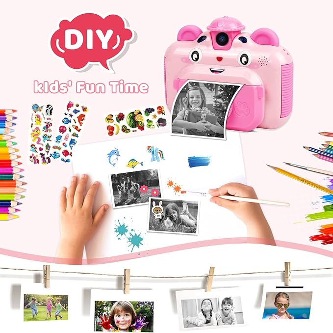 Instant Print Digital Camera for Kids, Toddler Camera, 20MP Selfie Video, Children's Toy, Christmas & Birthday Gift for 6-12 Year Old Girls & Boys, Pink