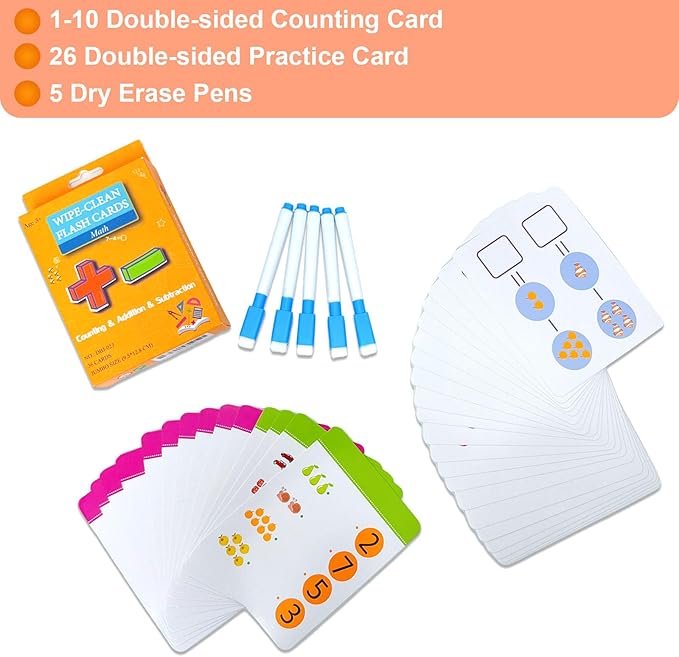 Counting & Addition & Subtraction Flash Cards for Toddlers - with 5 Dry Erase Pens, 3in1 Preschool Fun Learning Card, 36PCS Double Sides Flashcards, Early Education Flashcards for Kids Ages 3+