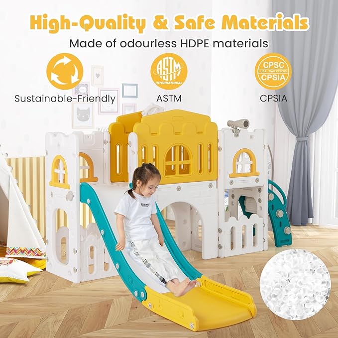 Costzon 8 in 1 Toddle Slide Playset, Freestanding Kids Slide w/Tunnel, Basketball Hoop, Toddler Climber Slide Playset Indoor Playground for Kids 1-3 w/Storage Space, Gifts for Boys Girls (Yellow)