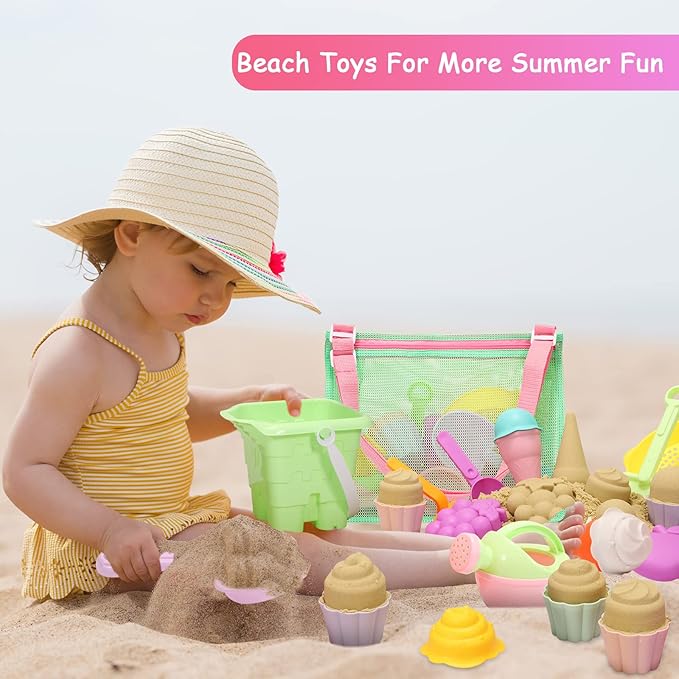 Tagitary Beach Sand Toys for Kids, Beach Toys 23PCS Set with Ice Cream Cake Sand Molds, Mesh Beach Bag, Bucket, Watering Can, Shovel, Rake - Ideal for Toddler Sandbox, Outdoor Play and Beach Travel