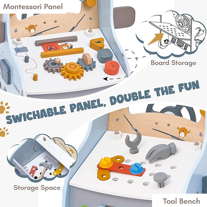 Giant bean Wooden Baby Push Walker with Activity Cube – Car Traffic Theme Tool Bench Shape Sorter, Steering Wheel Gears, Montessori Christmas Toy for Toddler 1-3, Walking Toy Speed Adjustable