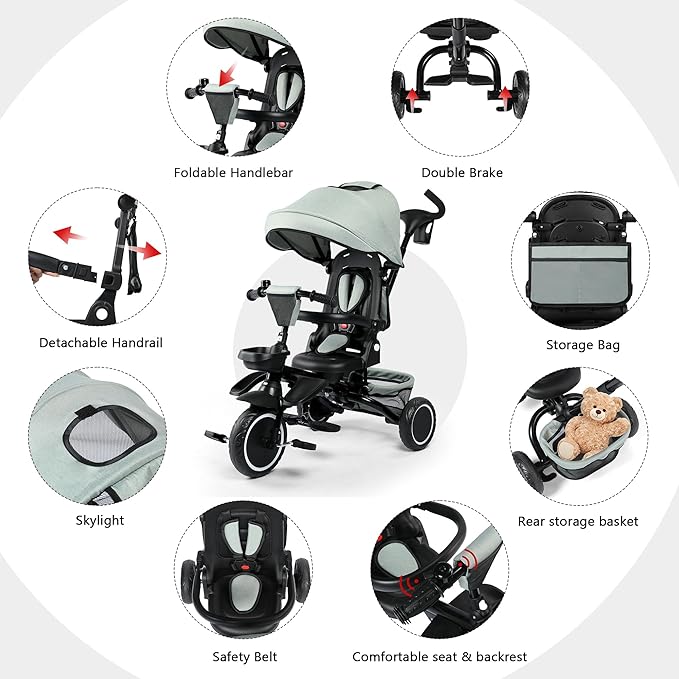 Kinder King Kids Tricycle, 8 in 1 Folding Toddler Trike w/Adjustable Push Handle, Rotatable Seat, Adjustable Canopy, Bell, Five-Point Harness, Storage, Toddler Stroller Bike for Age 6 Months+, Green