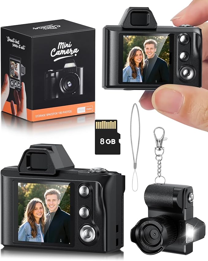 Mini Digital Camera, 1080P Portable Camera for Photography with 8GB SD Card, Key Card Clip Chain for Teenagers, Adult Beginners