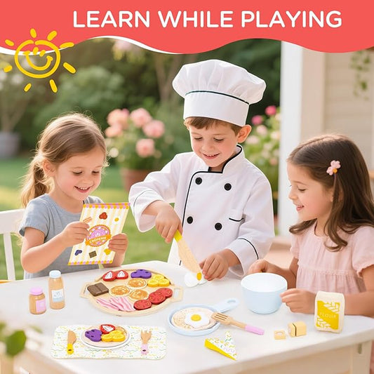 Wooden Play Food Pancake Toy Sets, Kids DIY Cooking Kitchen Pretend Play Food Set,Educational Learning Toys for Toddler 3 4 5 6 7 8 Ages Boys Girls Fun Imaginative Birthday Gift