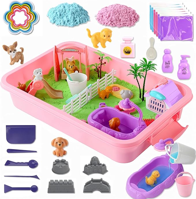Timetome Pet Sensory Bin, Dog Sandbox for Kids, Kids Play Sand Toys Kit, Pet Play Set with Sensory Sand, Pet Bathroom Play Set, Role Pretend Play Beach Toy Birthday Gift for Girls Boys 3 4 5 6 Years