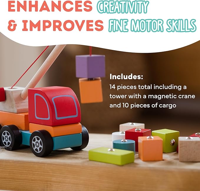 CUBIKA Wooden Crane Truck – Magnetic Construction Vehicle Playset for Toddlers Ages 18 Months+ – Montessori Toy for Fine Motor Skills, Creativity, and Imaginative Play