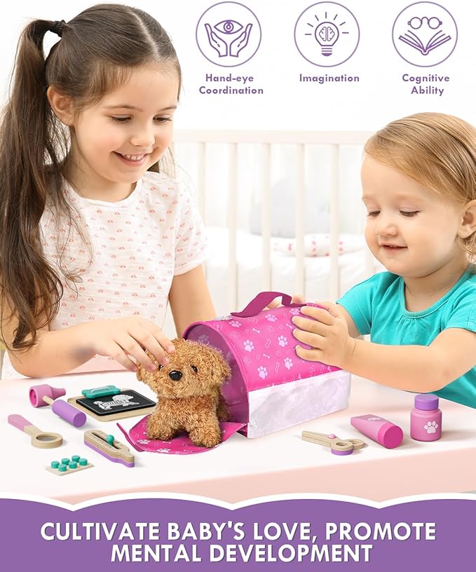 Lehoo Castle Toys for 3 4 Years Old Girls, Vet Play Sets, Wooden Doctor Kit for Toddlers 3-5 Pink, Pretend Play Dr Kits with Puppy, Dog Bag, Medical Accessories