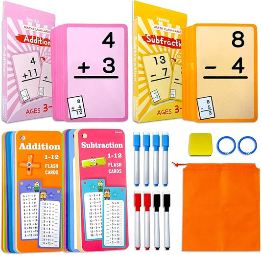Addition and Subtraction Flash Cards- 102 Reusable Math Practice Cards with Addition, Subtraction, Educational Math Flashcards for Kids,Games for Kids Ages 3+ | Spark Skills & Fun Learning