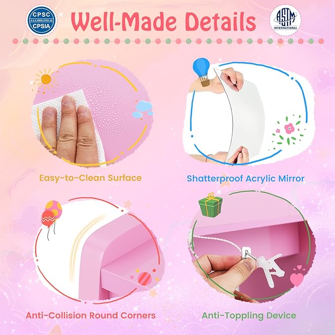 HONEY JOY Kids Vanity, Little Girls Vanity Set with Mirror and Stool and Lights, Wooden Princess Makeup Dressing Table, Storage Box & Shelf, Pretend Play Kids Vanity Table and Chair Set(Pink)