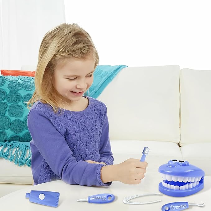 9-Piece Dental Pretend Play Set, Educational Dentist Play Kit with Teeth Model, Toothbrush, Dental Mirror, Syringe, Toothpaste, Tray, and Dental Tools, Fun Pretend Play Doctor Kit for Kids (Purple)