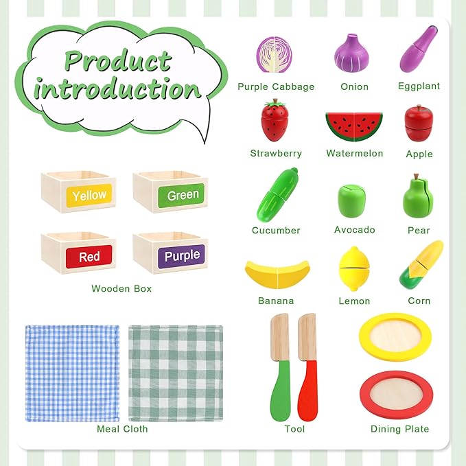 MerryPony Wooden Play Food Set for Kids Kitchen Accessories - 34 Pcs Velcro Fruit & Veggie Cutting Toys with 4 Color Sorting Boxes, Montessori Pretend Play for Toddlers, Birthday Gifts for Boys Girls