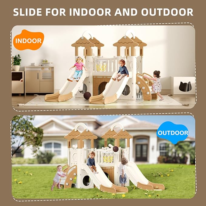 KORIMEFA 10-in-1 Toddler Slide, Kid Double Slide for Toddlers Age 1-3, Basketball Hoop, and Telescope, Indoor Outdoor Slide Toddler Playset Toddler Playground, Forest Themed Brown