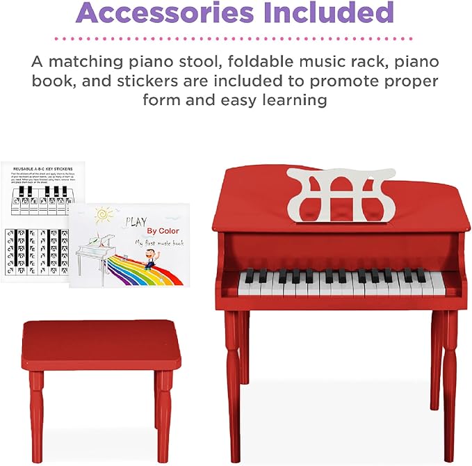 Best Choice Products Kids Classic Wooden 30-Key Mini Grand Piano Musical Instrument Toy w/ Piano Lid, Bench, Foldable Music Rack, Song Book, Note Stickers, Enamel Finish - Red