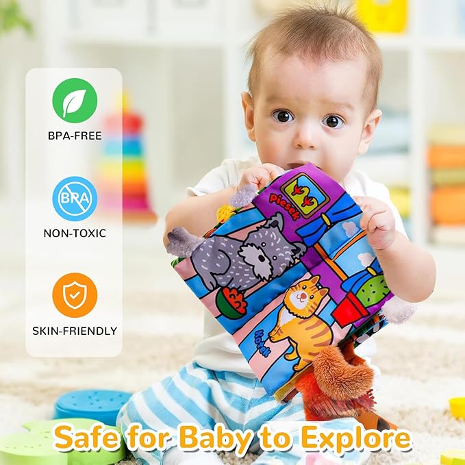 HECCEI Baby Cloth Books Soft Baby Book 0-6 Months Crinkle Books with Tail Touch and Feel Sensory Toys for Infant Tummy Time for 3 Months+, Plush Tails