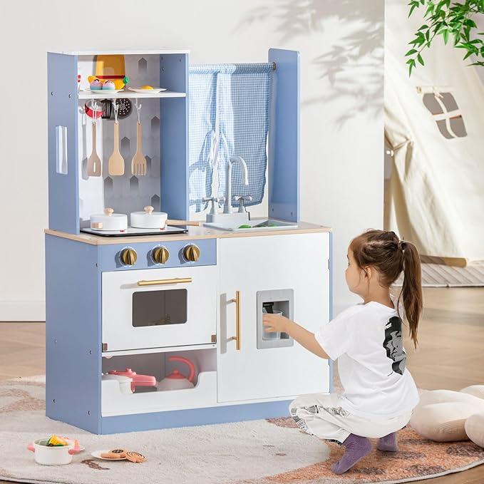 INFANS Kid Kitchen Playset, Toddler Wooden Pretend Cooking Set with Stove, Sink, Microwave, Storage Cabinet, Play Kitchen Toy Set for Children Boys Girls