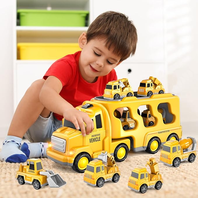 Bennol Construction Truck Toys for Toddler Boy 1 2 3 4 5 Year Old, Car Trucks Birthday Gifts Toys for Kids Ages 1-3 3-5, 5-in-1 Construction Trcuk with Excavator, Crane Mixer, Bulldozer
