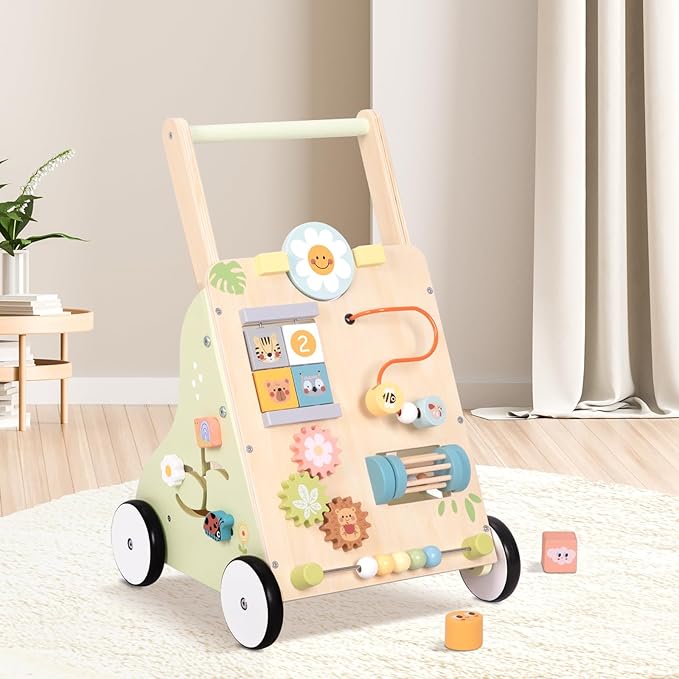 OOOK Wooden Baby Walker with Wheels, Montessori Baby Push Walker, Sit to Stand Walker for Baby Boy 6-12 Months, Toddler Standing Activity Center for Boys and Girls