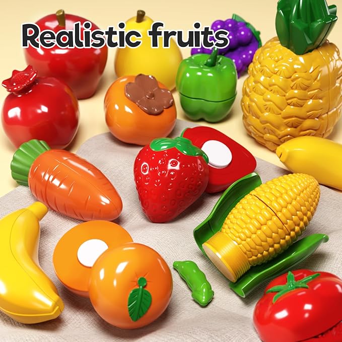 Toddler Toys Play Food Set, Learning Toy Cutting Food with Color Sorting Basket, Pretend Play Kitchen for Toddler 1-3 Preschool Learning Activities Montessori Toys for 1 2 3 Year Old Toddlers Kids