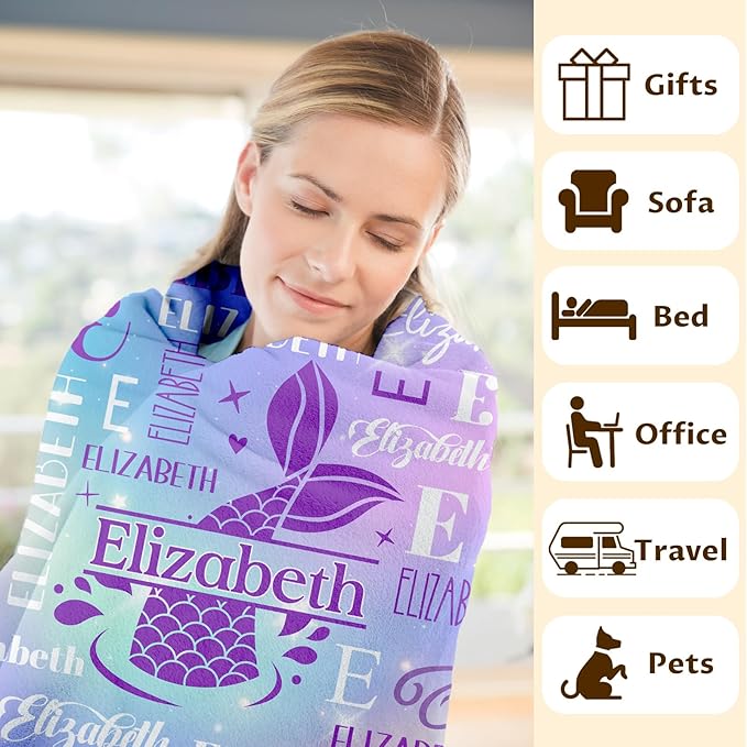 Mermaid Blanket and Throw, Personalized Girls Blankets for Kids, Women, Soft Cozy & Warm Mermaid Tail Throws for Sofa Office Trip Chairs Camping, 4 Sizes for Toddler/Children/Teens/Adults