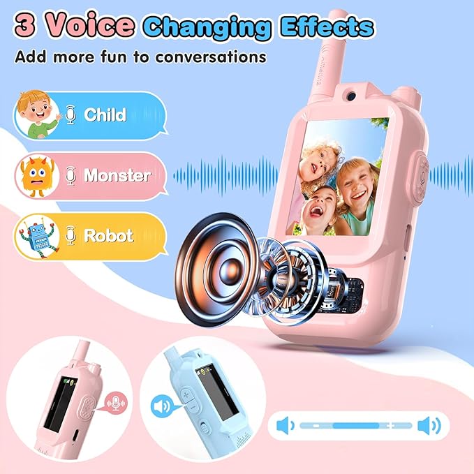 Video Walkie Talkies for Kids, 2 Pack Facetime Walkie Talkies with HD Camera & Voice Changer for Boys Girls for Family Games, Indoor, Outside, Hiking Christmas Birthday Toys Gift Ages 3-12 (Blue+Pink)