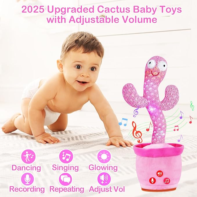 Rechargeable Dancing Talking Cactus Toy, Interactive Cactus Baby Toy Mimicking Singing, Educational Baby Toys w/ 51 Exclusive English Songs for Babies, Baby Girl Toys Gifts, Stocking Stuffers for Kids