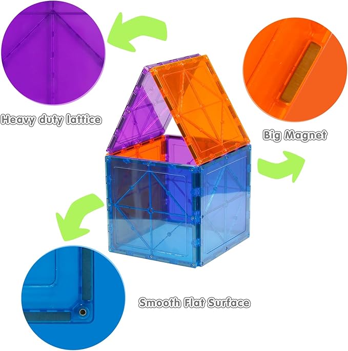 Large Magnetic Tiles Set - 6 Piece Square STEM Learning & Educational Building Kit for Kids - Perfect Construction Toy Gift