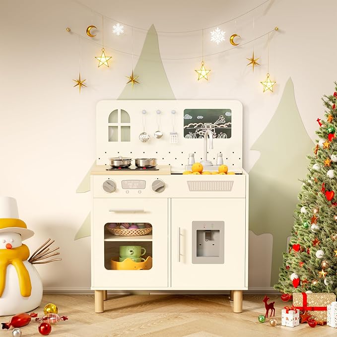 MAMIZO Play Kitchen for Kids, Pretend Playset with Blackboard & Realistic Lights & Sounds, Ultimate Interactive Wooden Kitchen with Knob Sounds, Sink, Water Dispenser, 6 Pcs Cookware for Ages 3+,Cream