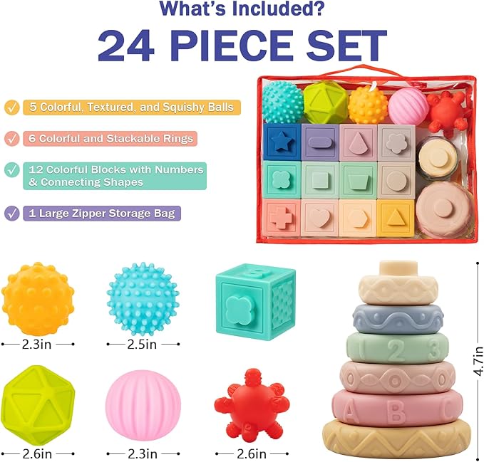 Jyusmile Baby Toys 6-12 Months, Montessori Toy for Babies 6-12 Months, Incl Stacking Building Blocks & Soft Infant Teething Toys & Sensory Balls for Toddlers 0-3-6-9-12 Month