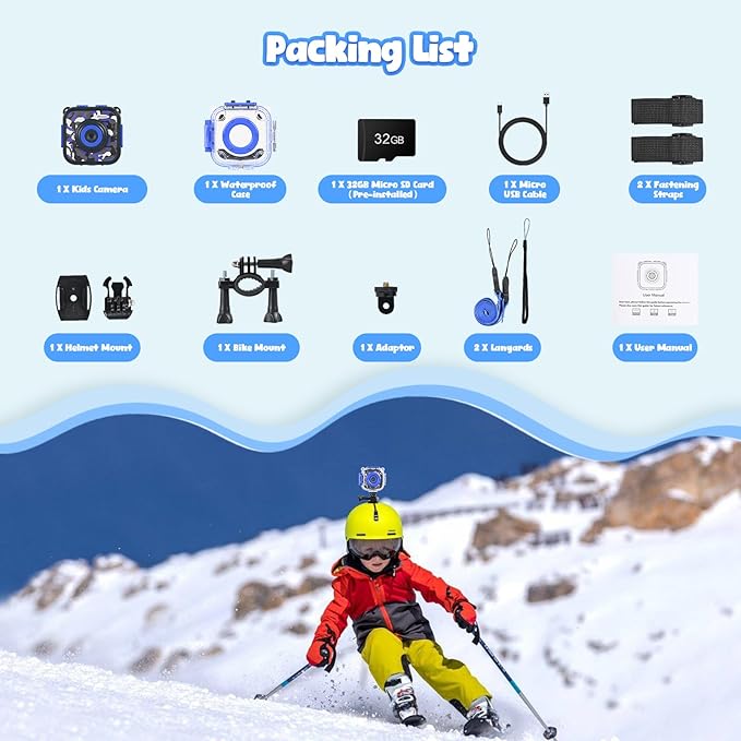 PROGRACE Kids Waterproof Camera - Birthday for 3-12 Year Old Boys 1080P HD Underwater Video Camera for Kids Pool Toys Toddler Digital Cameras with 32GB SD Card Blue