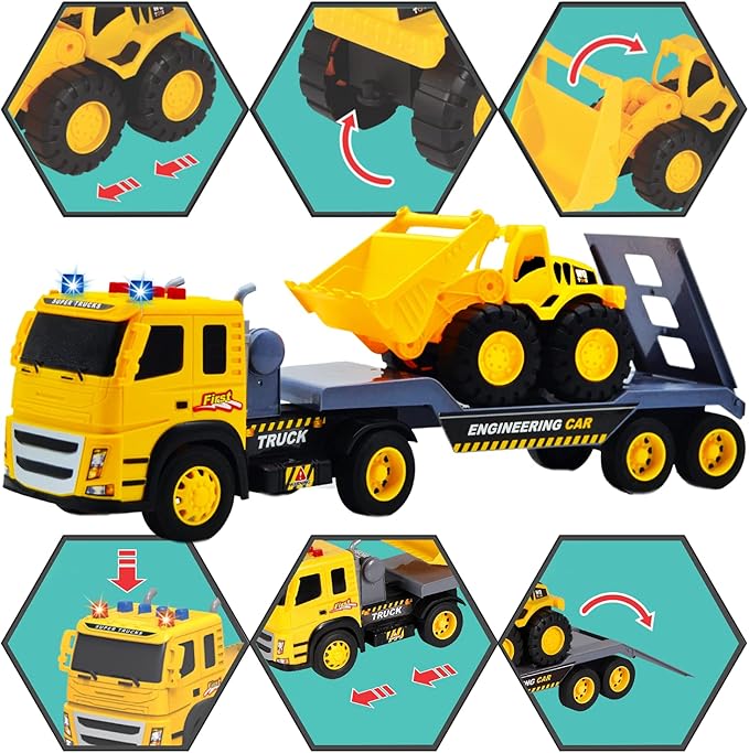 MOBIUS Toys Flatbed & Excavator Truck Set – 2-in-1 Friction-Powered Construction Vehicles with Lights & Sounds – Durable Push-and-Go Toy Trucks for Kids Ages 3–7 – Indoor & Outdoor Playset