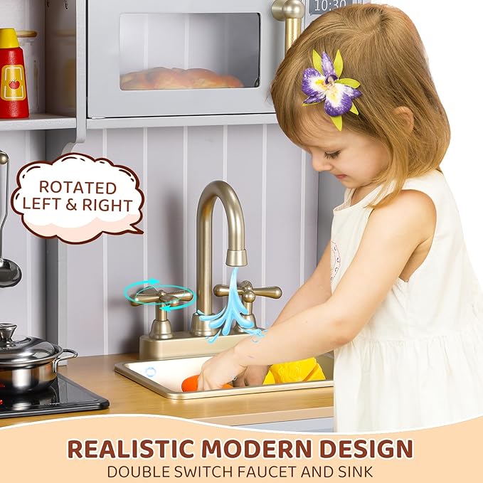 Wooden Play Kitchen for Kids, Toddler Vintage Kitchen Toy Set w/Pretend Phone, Ice Maker, Towel Rack, Height Adjustable Realistic Playset Chef w/Light & Sound (Gray)