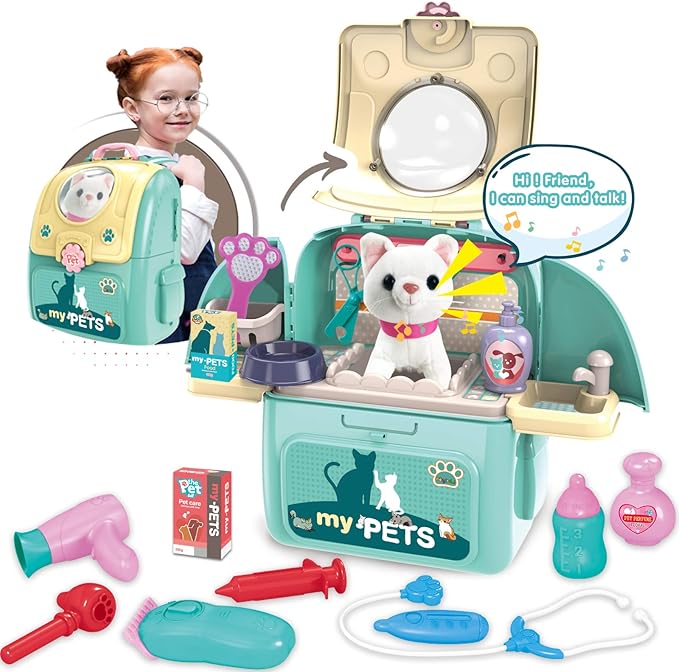 Pet Cat Carrier Backpack Toy, MAGIC4U 23PCS Pet Care Playset,Vet Clinic and Doctor Kit for Kids, Pet Veterinarian Medical Role Play Set for Boys and Girls Ages 3-6